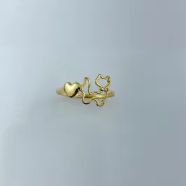 Anel Design Gatinho e Coração Folheado a Ouro 18k