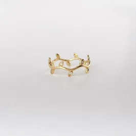 Anel Folhas Cravejado em Microzircônia Folheado a Ouro 18k