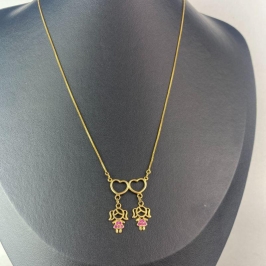 Colar Veneziana Duas Meninas com Coração Folheado a Ouro 18k
