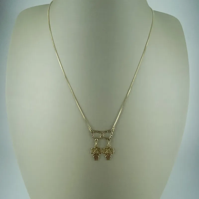 Colar Veneziana Duas Meninas com Coração Folheado a Ouro 18k