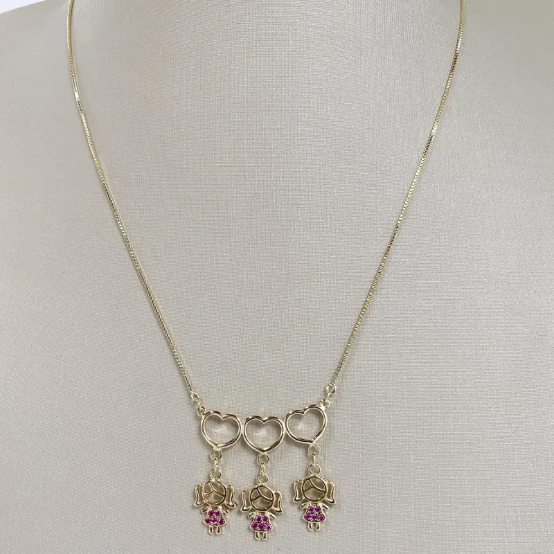 Colar Veneziana Três Meninas com Coração Folheado a Ouro 18k