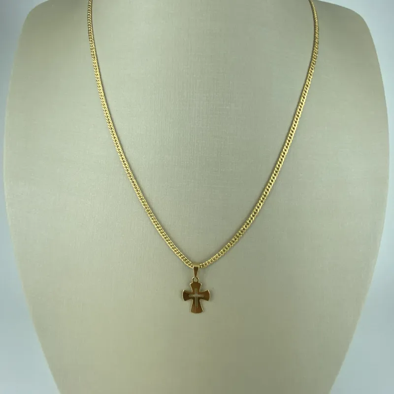 Corrente Masculina com Pingente em Cruz Vazada  Folheado a Ouro 18k
