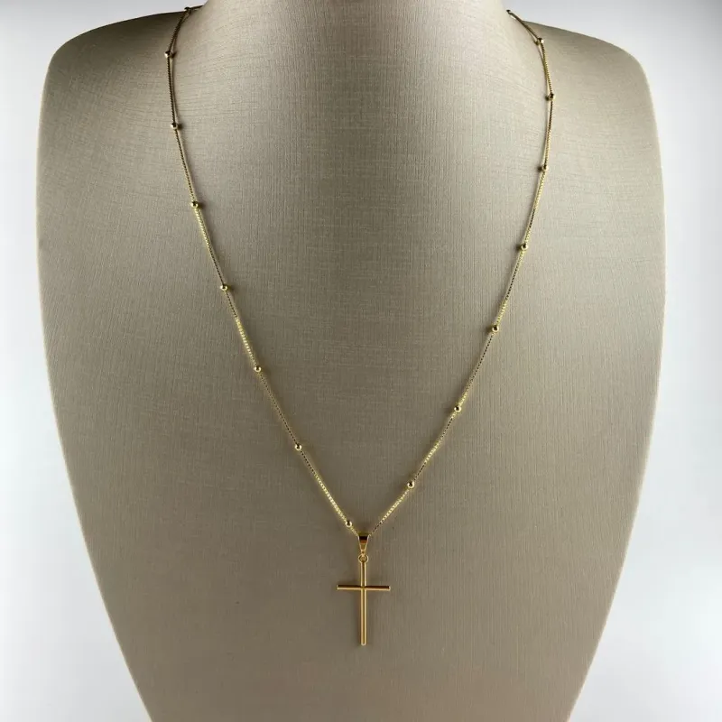 Colar Veneziana com Bolinhas e Pingente de Crucifixo Folheado a Ouro 18k