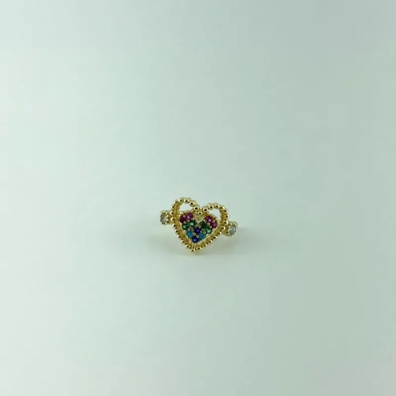 Piercing Fake de Coração Cravejado de Zircônia Colorida Folheado a Ouro 18k