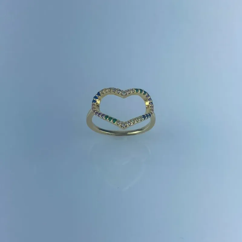 Anel Design de Coração Cravejado com Zircônias Coloridas Folheado a Ouro 18k