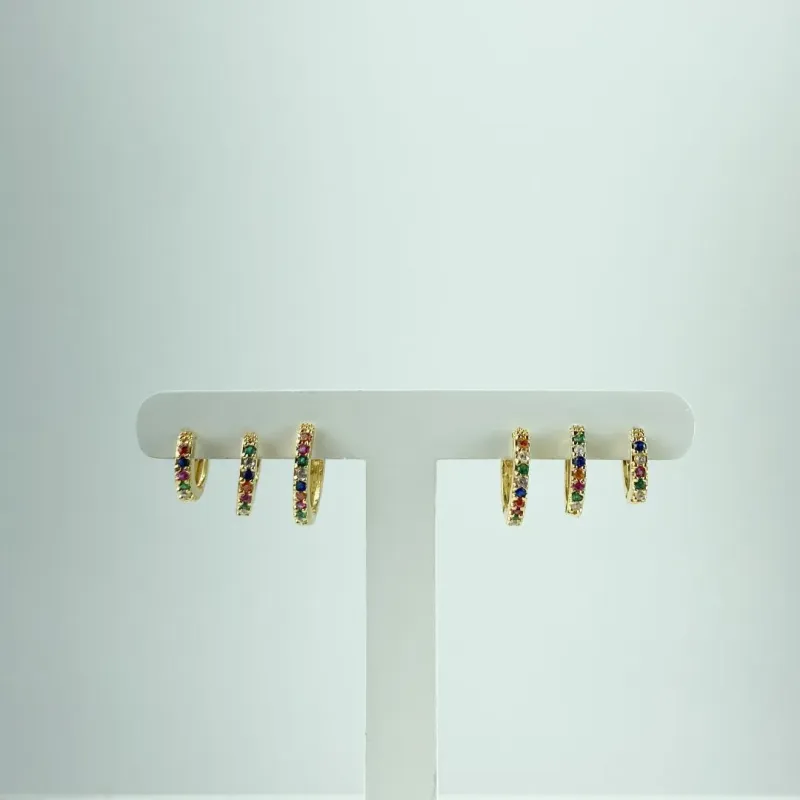 Brinco Trio de Argolinha com Zircônia Colorida Folheado a Ouro 18k