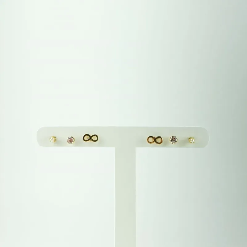 Brinco Trio Símbolo Infinito / Ponto de Luz / Pérola Folheado a Ouro 18k