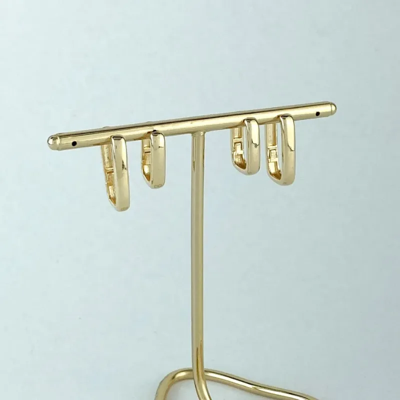 Brinco Duo de Argolas Lisas Retangular Folheado a Ouro 18k
