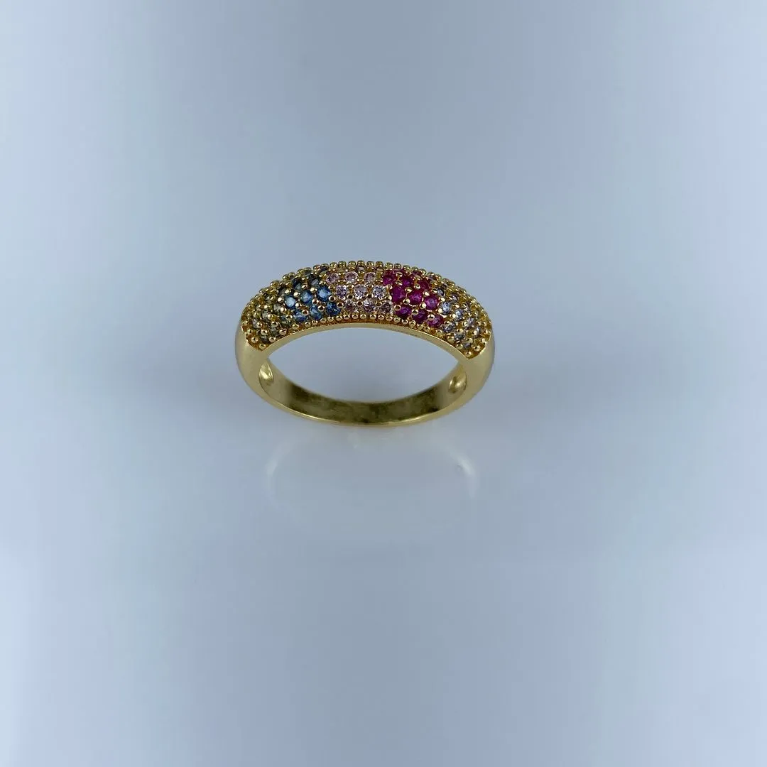 Anel Meia Aliança Cravejada em Zircônia Colorida Folheado a Ouro 18k