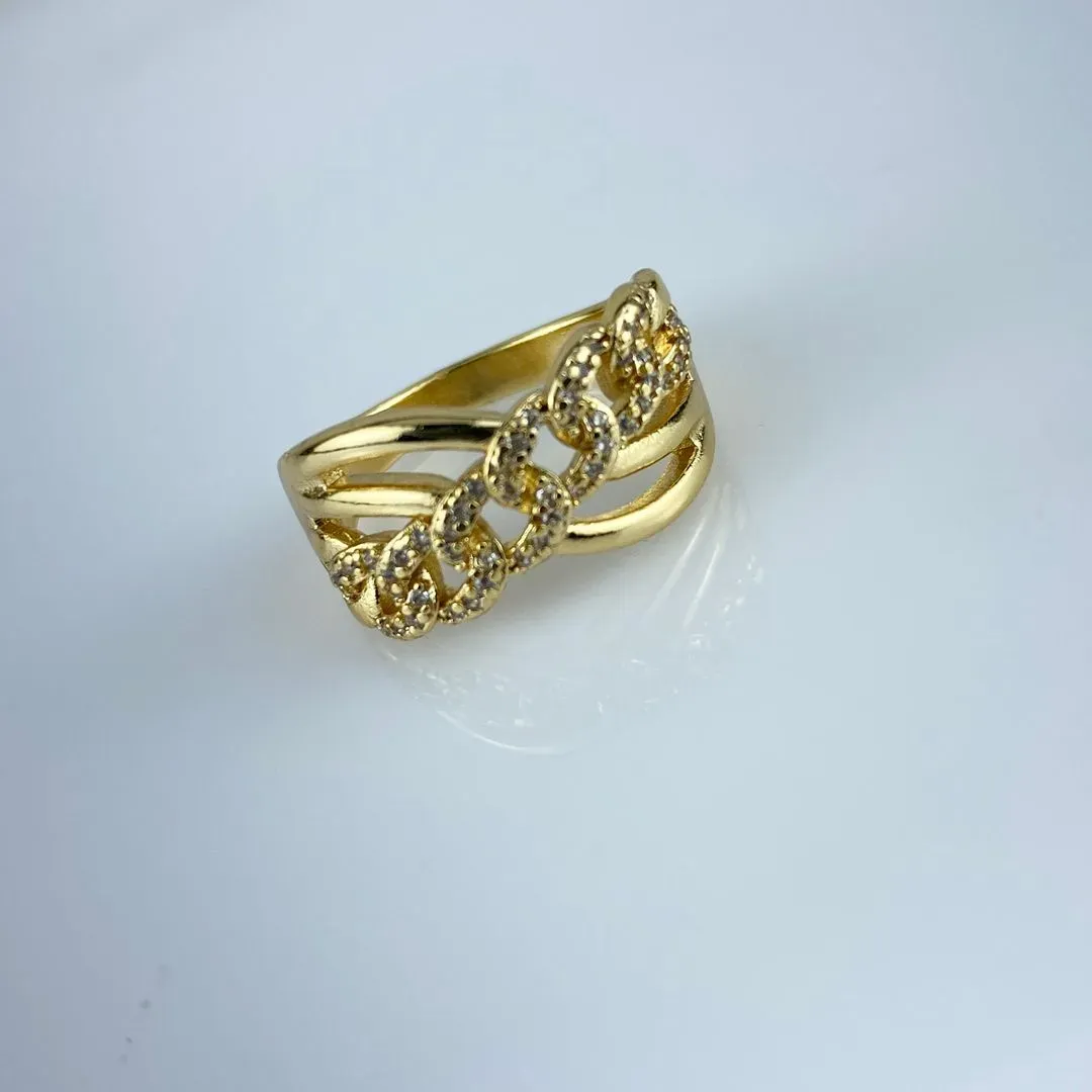 Anel Elos Transpassados Liso e Corrente em Zircônia Folheado a Ouro 18k
