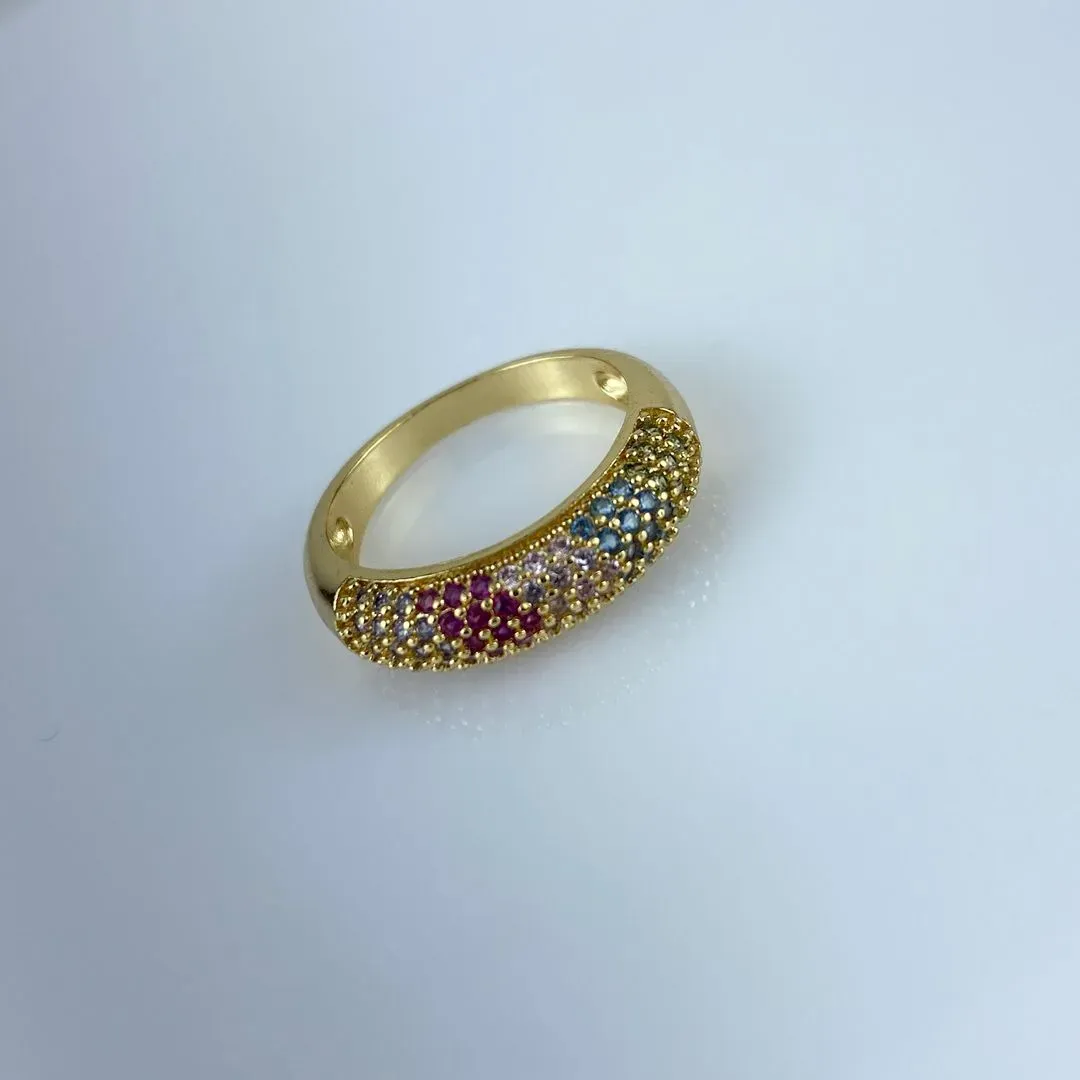 Anel Meia Aliança Cravejada em Zircônia Colorida Folheado a Ouro 18k