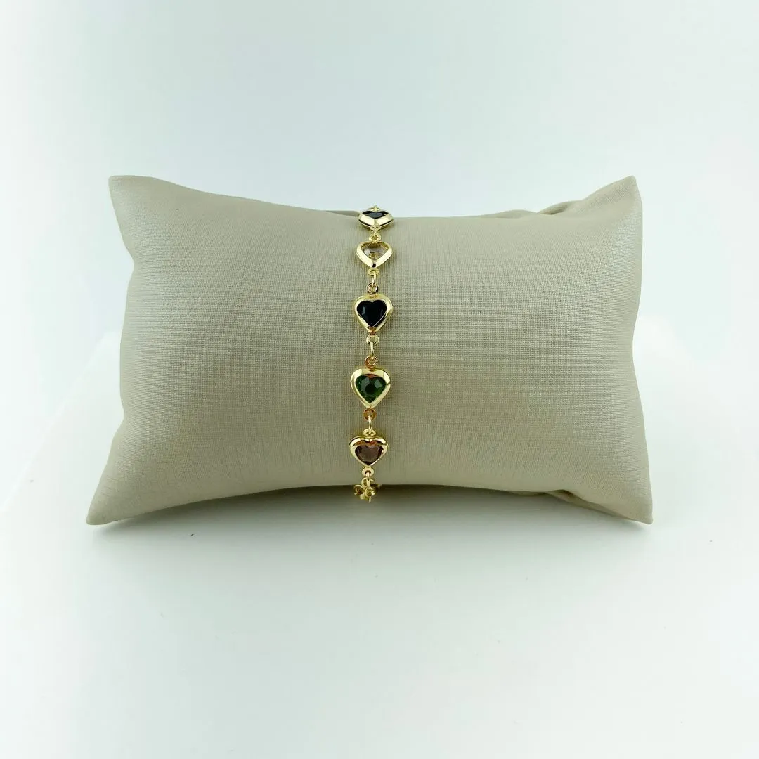 Pulseira de Corações Coloridos  Folheado a Ouro 18k
