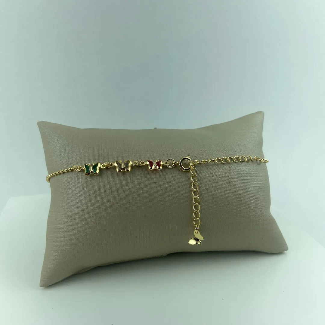 Tornozeleira com Borboletas Coloridas Folheado a Ouro 18k
