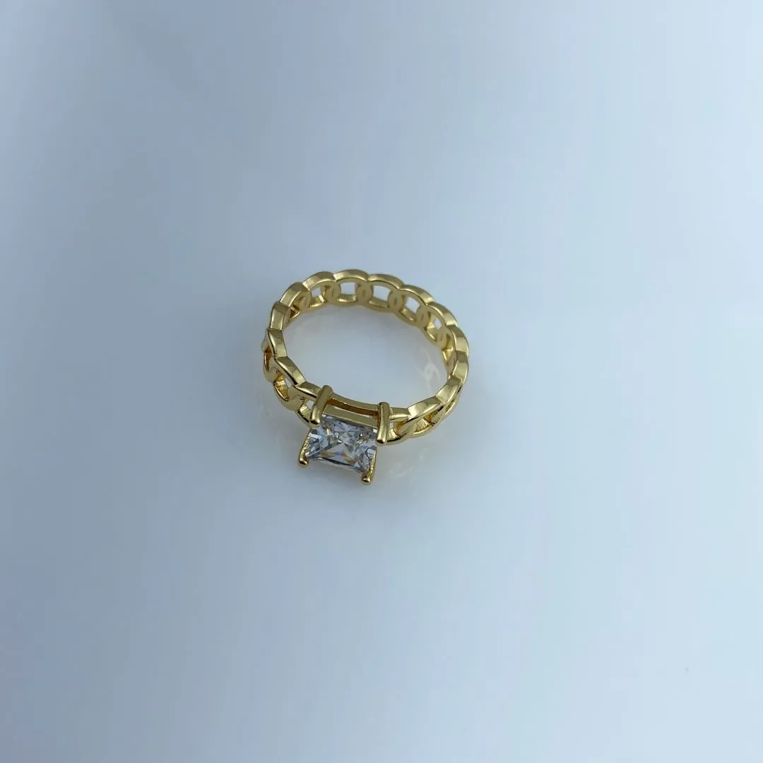 Anel Solitário Quadrado e Elo Corrente Folheado a Ouro 18k