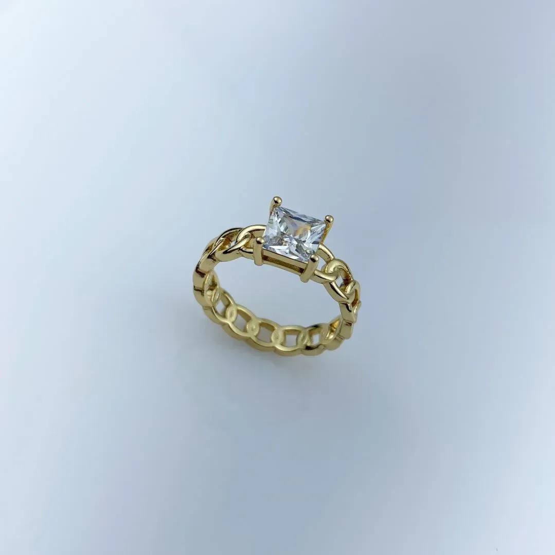 Anel Solitário Quadrado e Elo Corrente Folheado a Ouro 18k