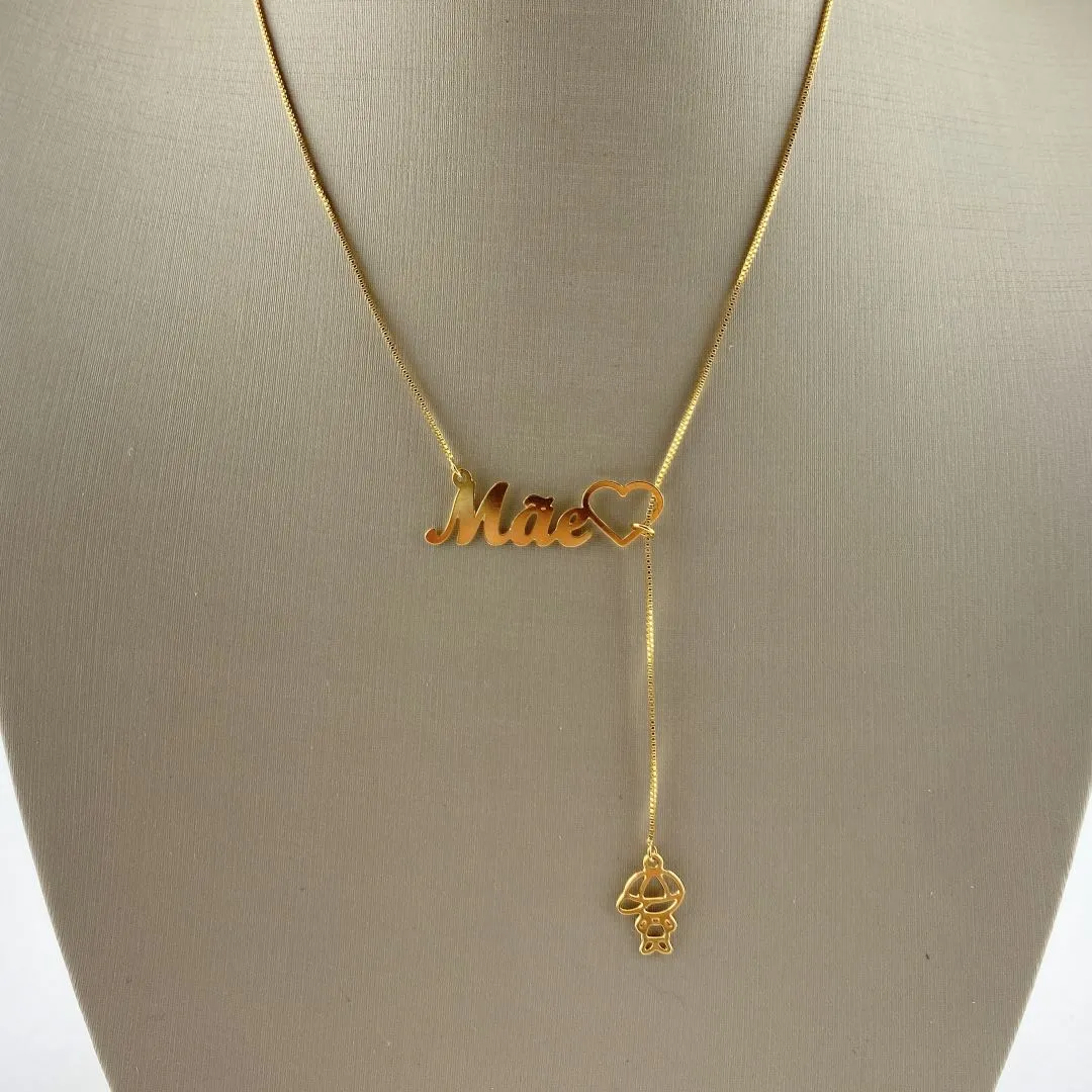 Colar Personalizado com Palavra Mãe e  Pingente Filho Folheado a Ouro 18k