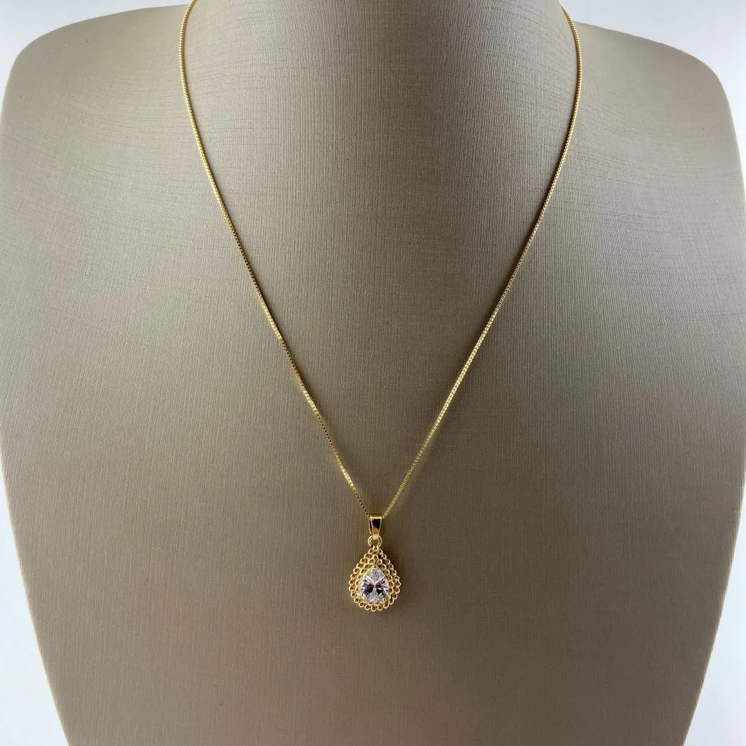 Colar Veneziana com Pingente Design de Gota de Zircônia Folheado a Ouro 18k