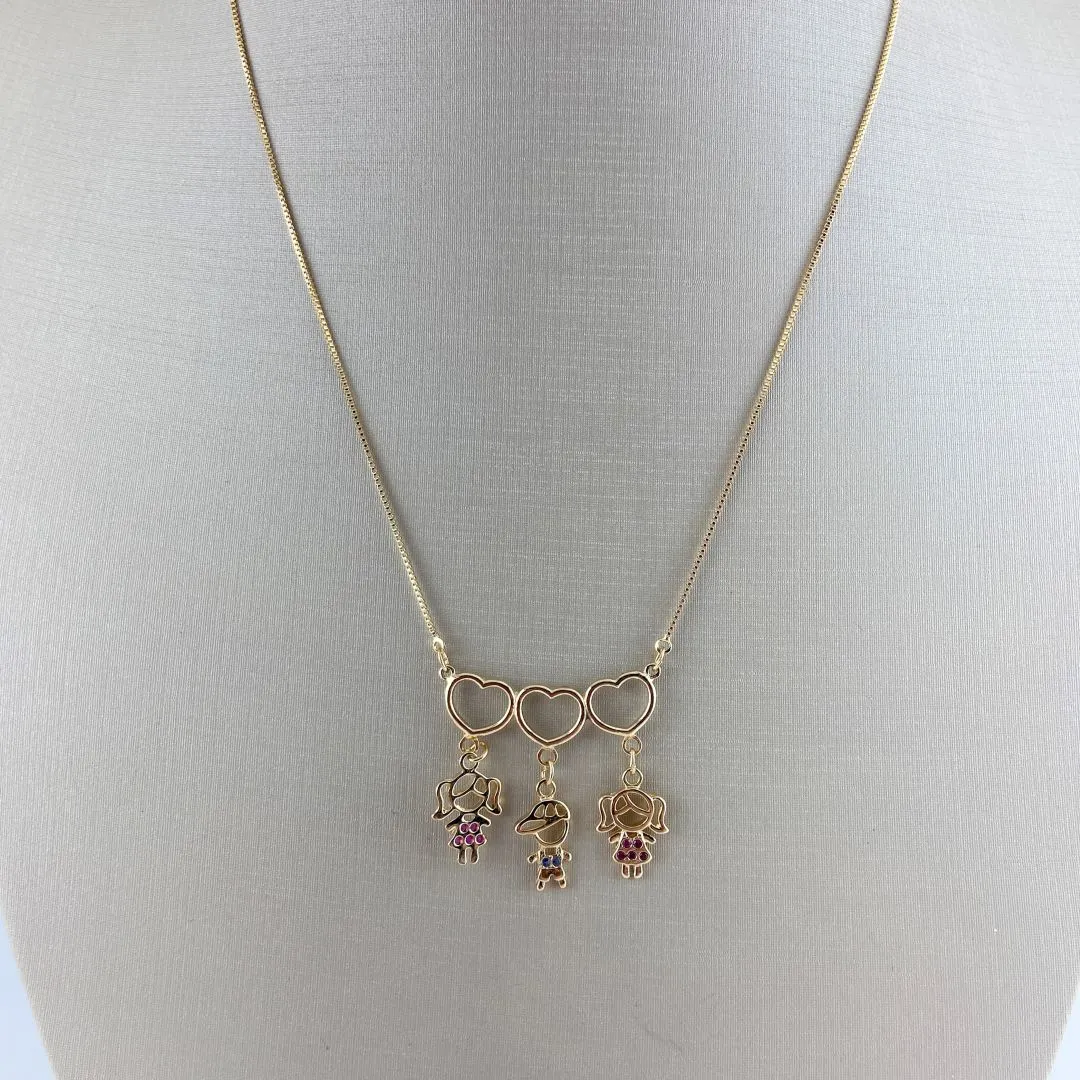 Colar Veneziana Duas Meninas e Um Menino com Coração Folheado a Ouro 18k