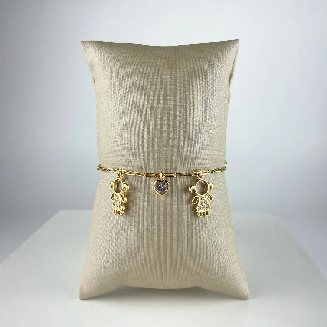 Pulseira Cartier com Pingente com Meninas e Coração com Zircônia Folheada a Ouro 18k