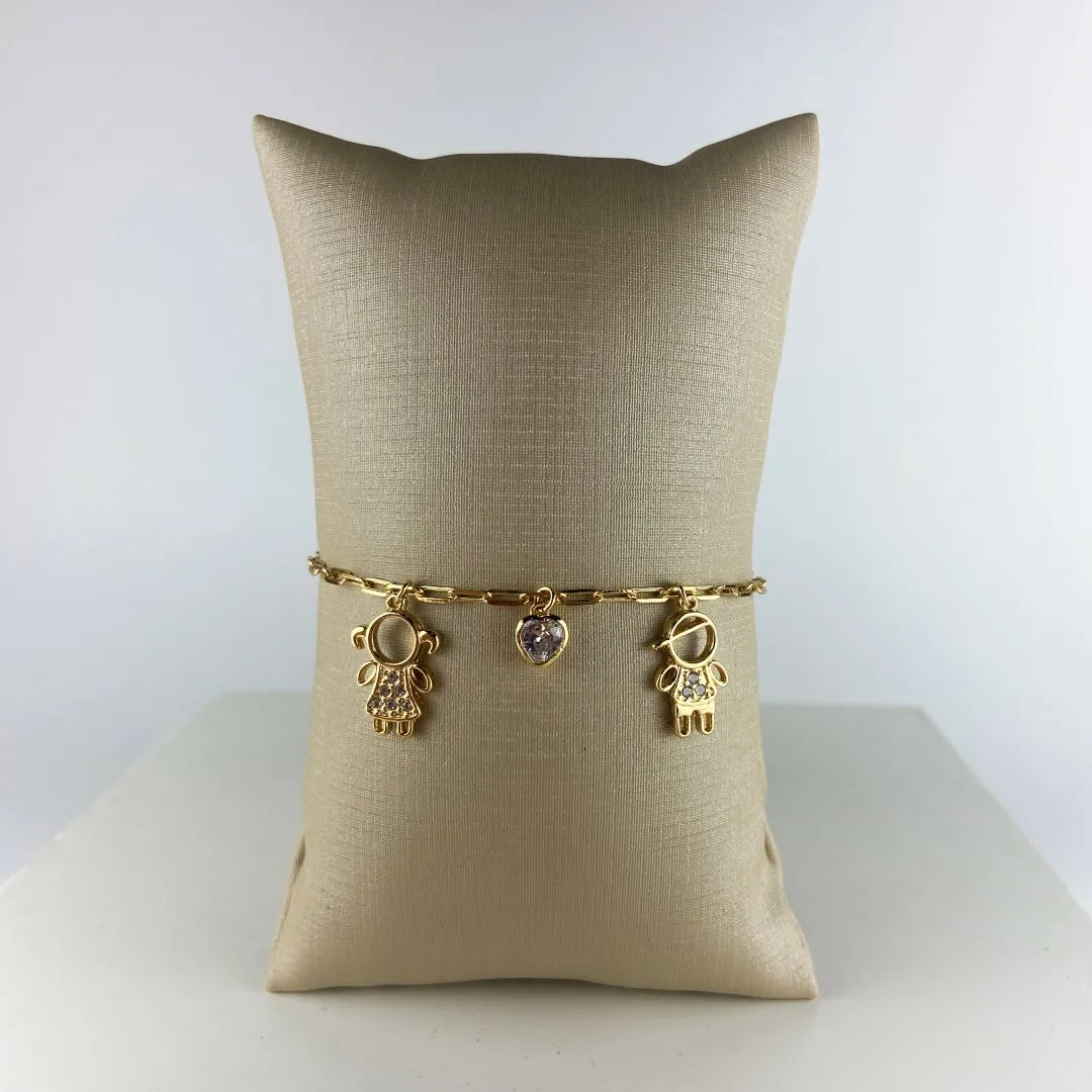 Pulseira Elo Cartier com Casal e Coração Zircônia Folheado a Ouro 18k