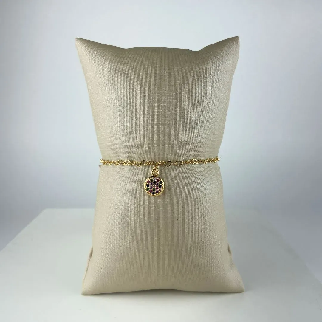 Pulseira Infantil Elos de Coração com Pingente Cravejado de Zircônias Coloridas Folheado a Ouro 18k
