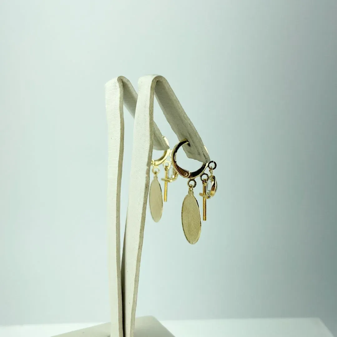 Brinco Argolinha Medalha Pai Nosso, Cruz e Ponto de Luz Folheado a Ouro 18k