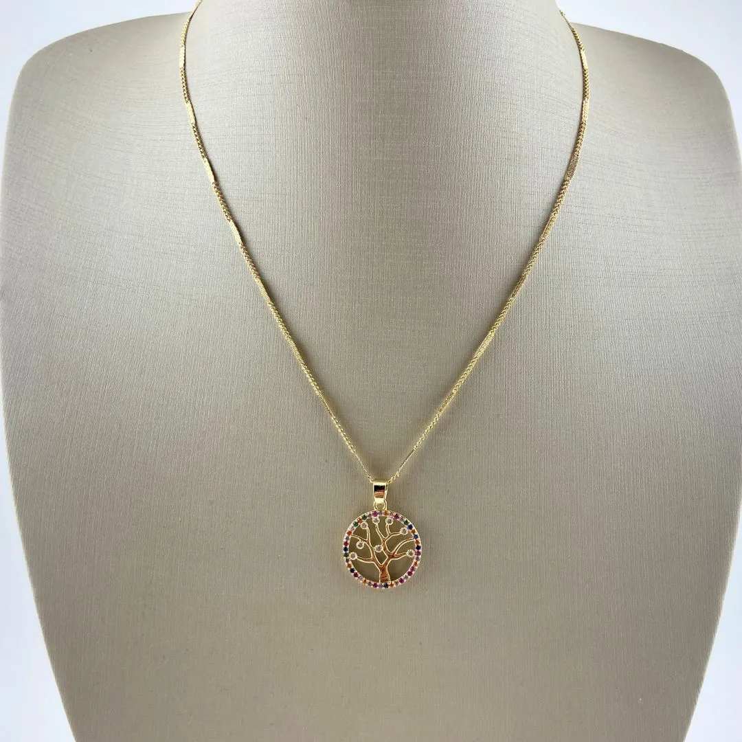Colar Groumet com Pingente Árvore da Vida em Zircônias Coloridas Folheada a Ouro 18k
