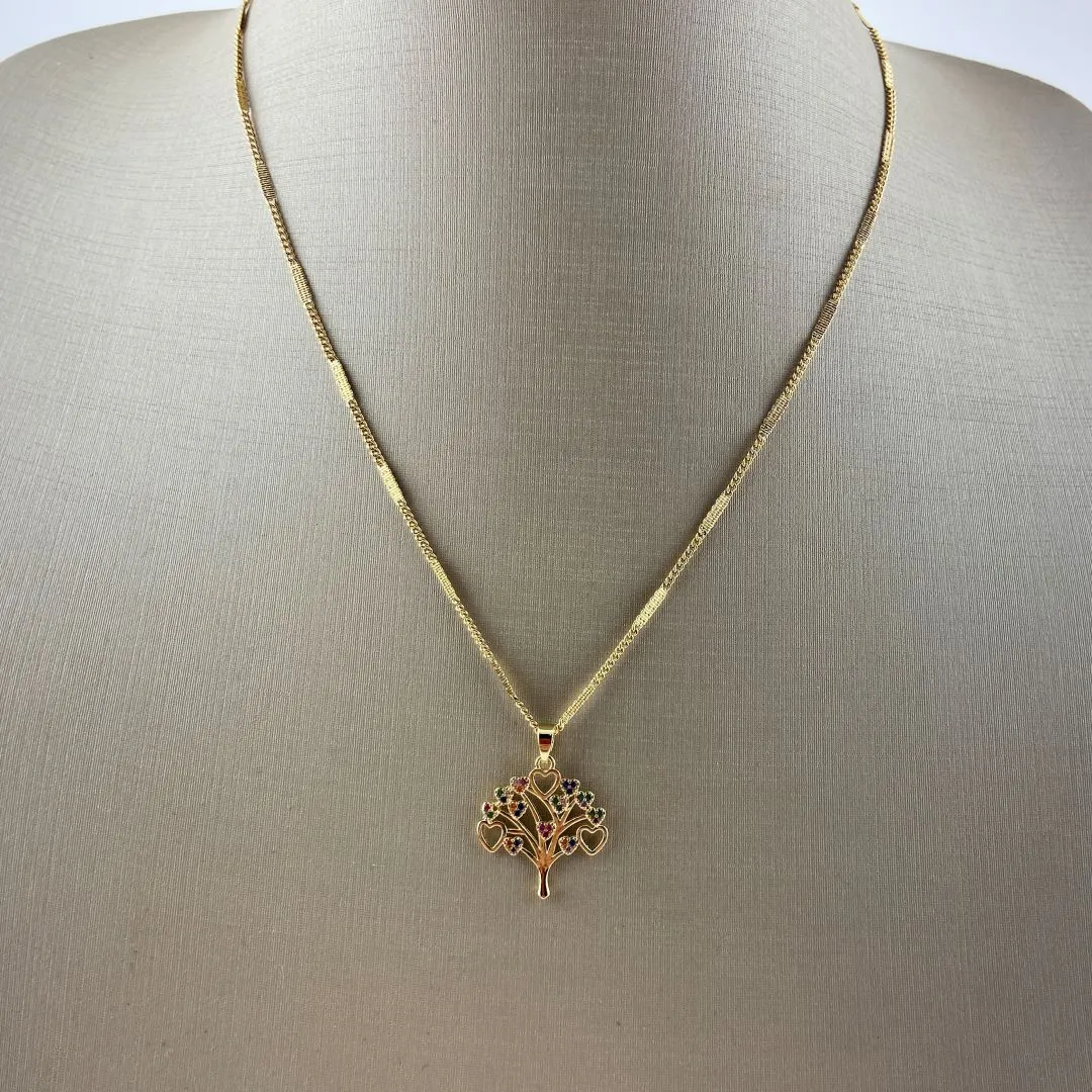 Colar Groumet com Pingente Árvore da Vida em Zircônias Coloridas Folheada a Ouro 18k