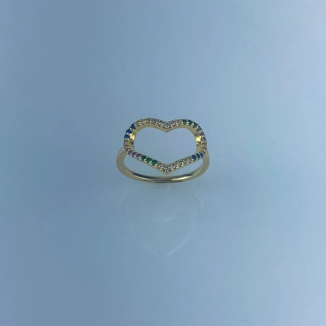 Anel Design de Coração Cravejado com Zircônias Coloridas Folheado a Ouro 18k