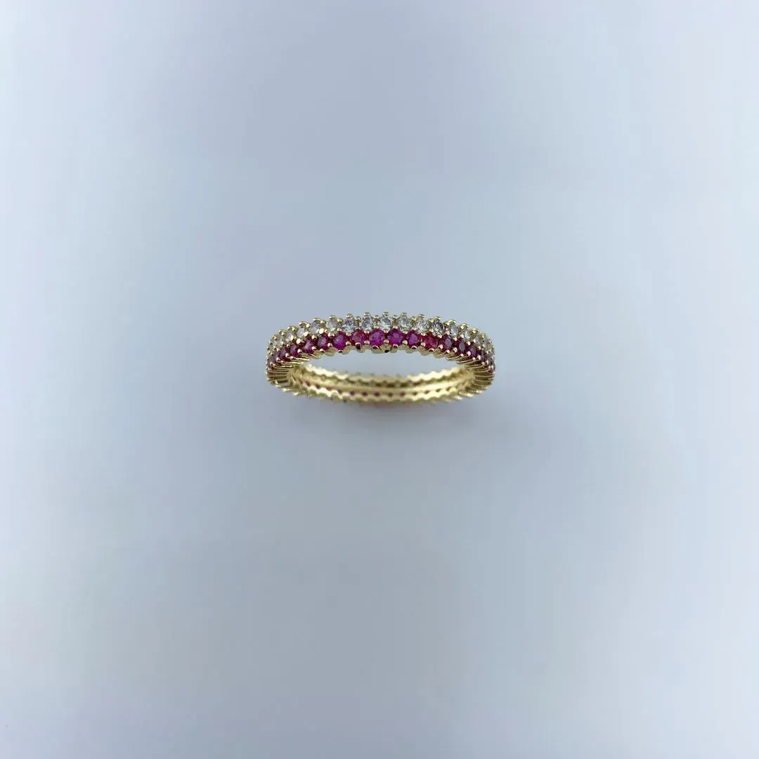 Anel Cravejado de Microzircônias Rubi e Cristal Folheado a Ouro 18k
