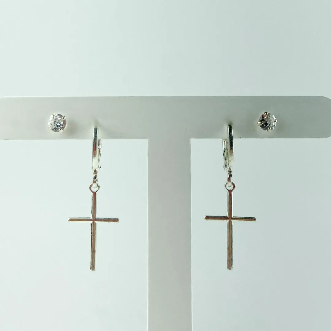 Brinco Duo Ponto de Luz e Argolinha com Pingente de Crucifixo em Prata 925