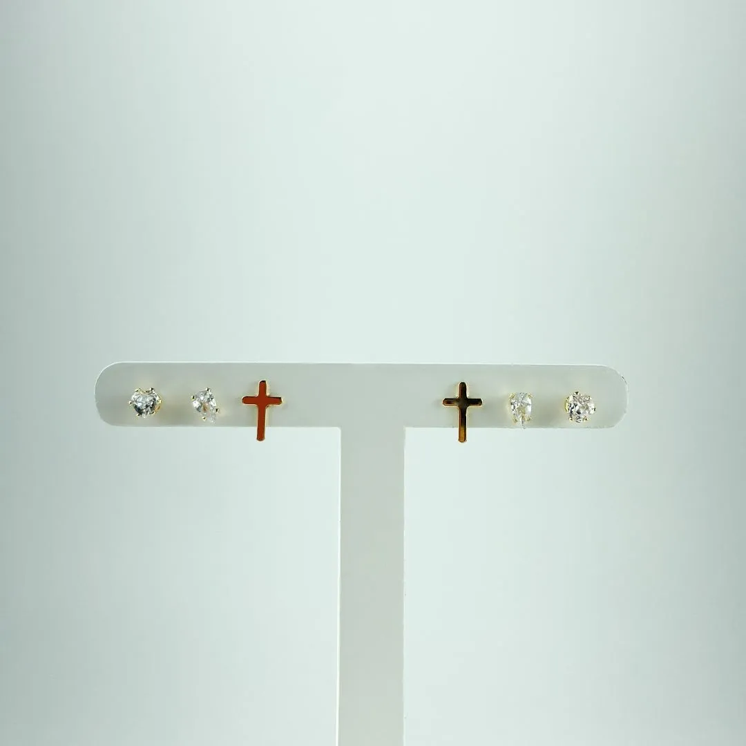 Brinco Trio Ponto de Luz Coração e Gota em Zircônia e Crucifixo Folheado a Ouro 18k