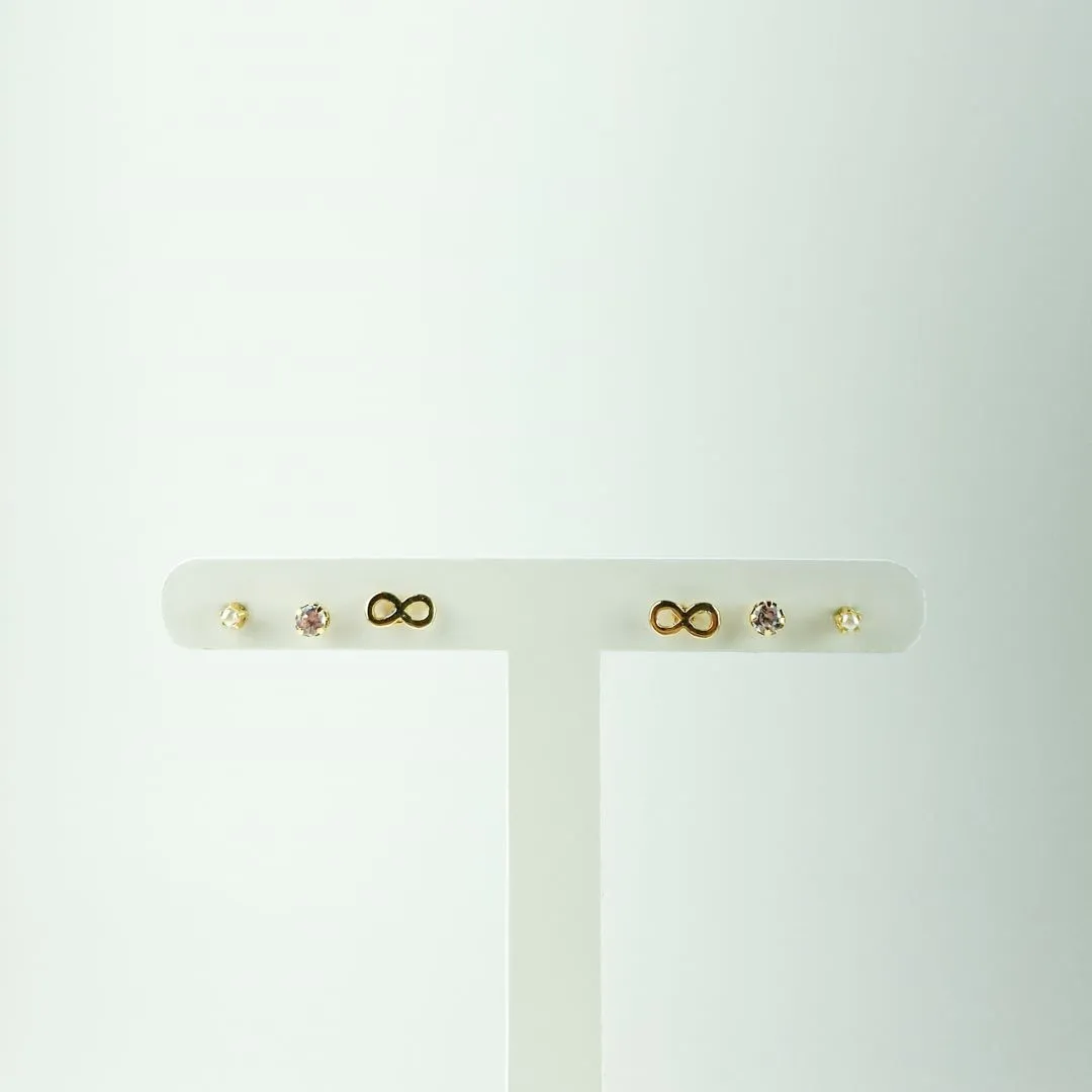Brinco Trio Símbolo Infinito / Ponto de Luz / Pérola Folheado a Ouro 18k