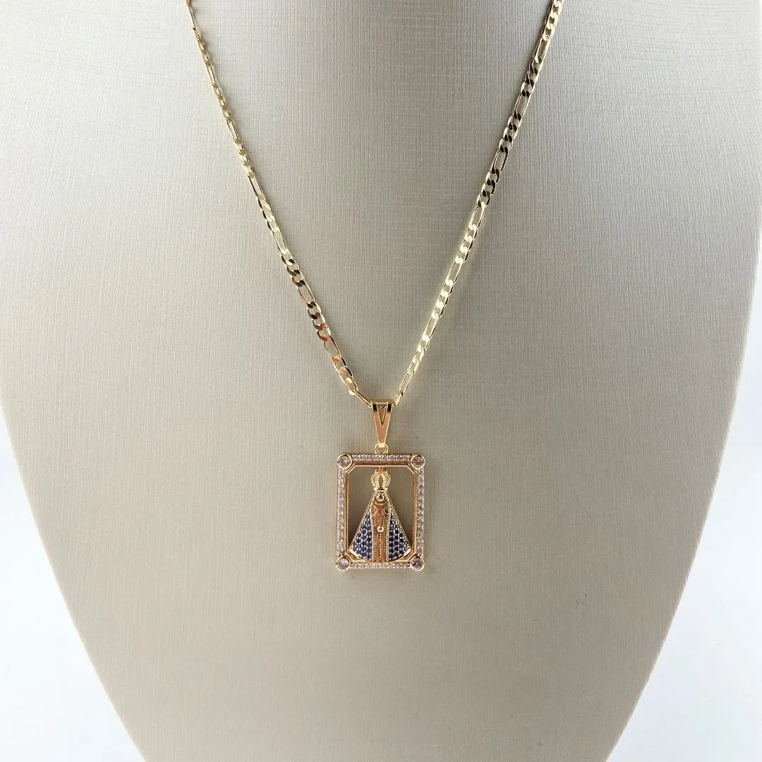 Colar Masculino Groumet com Fecho Italiano e Pingente Nsa Sra Manto Azul em Zircônias Folheado a Ouro 18k