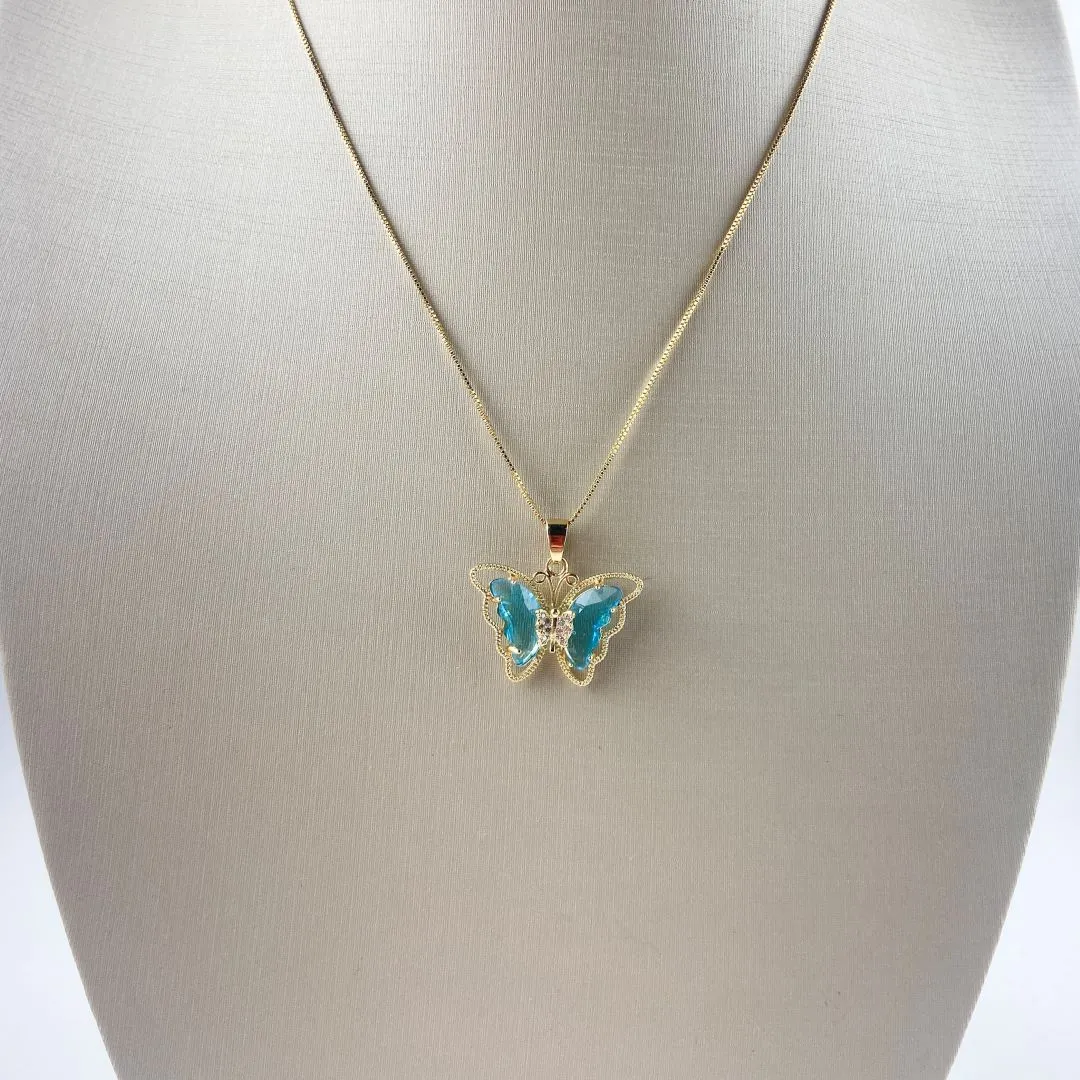 Colar Veneziana com Pingente Borboleta Asas Azul Folheado a Ouro 18k