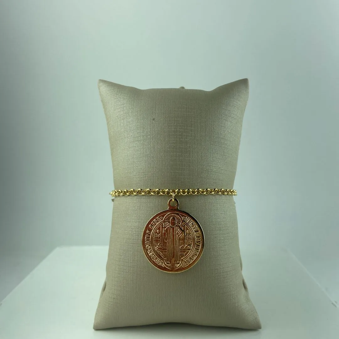 Pulseira de Elos Português com Pingente São Bento Folheado a Ouro 18k