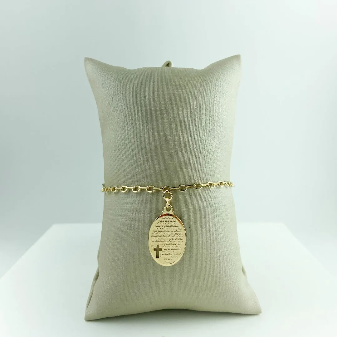Pulseiura Cartier com Pingente Oval Oração Pai Nosso e Cruz Vazada Folheado a Ouro 18k