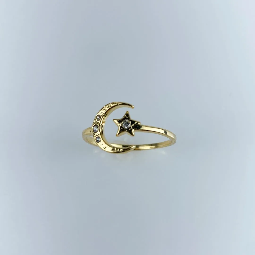 Anel Ajustável Lua e Estrela com Zircônia Folheada a Ouro 18k