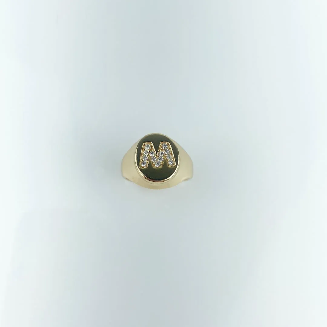 Anel Ajustável Mindinho Letra M Cravejada em Zircônias Folheado a Ouro 18k