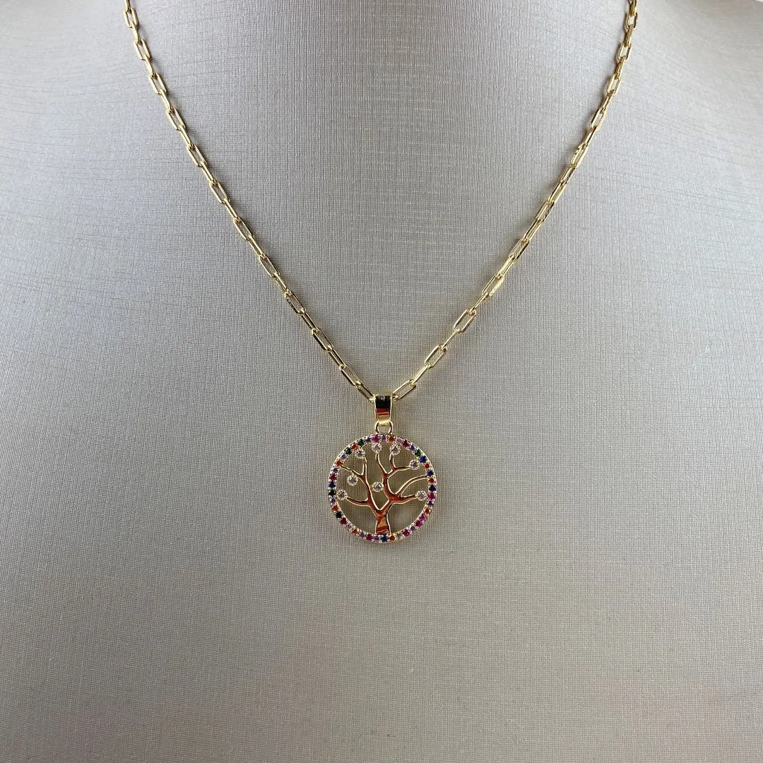 Colar Cartier com Pingente Árvore da Vida em Zircônias Coloridas Folheada a Ouro 18k