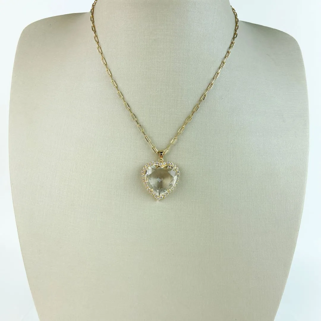 Colar Cartier com Pingente de Coração com o Entorno Cravejado em Zircônias e Pedra Cristal Folheado a Ouro 18k
