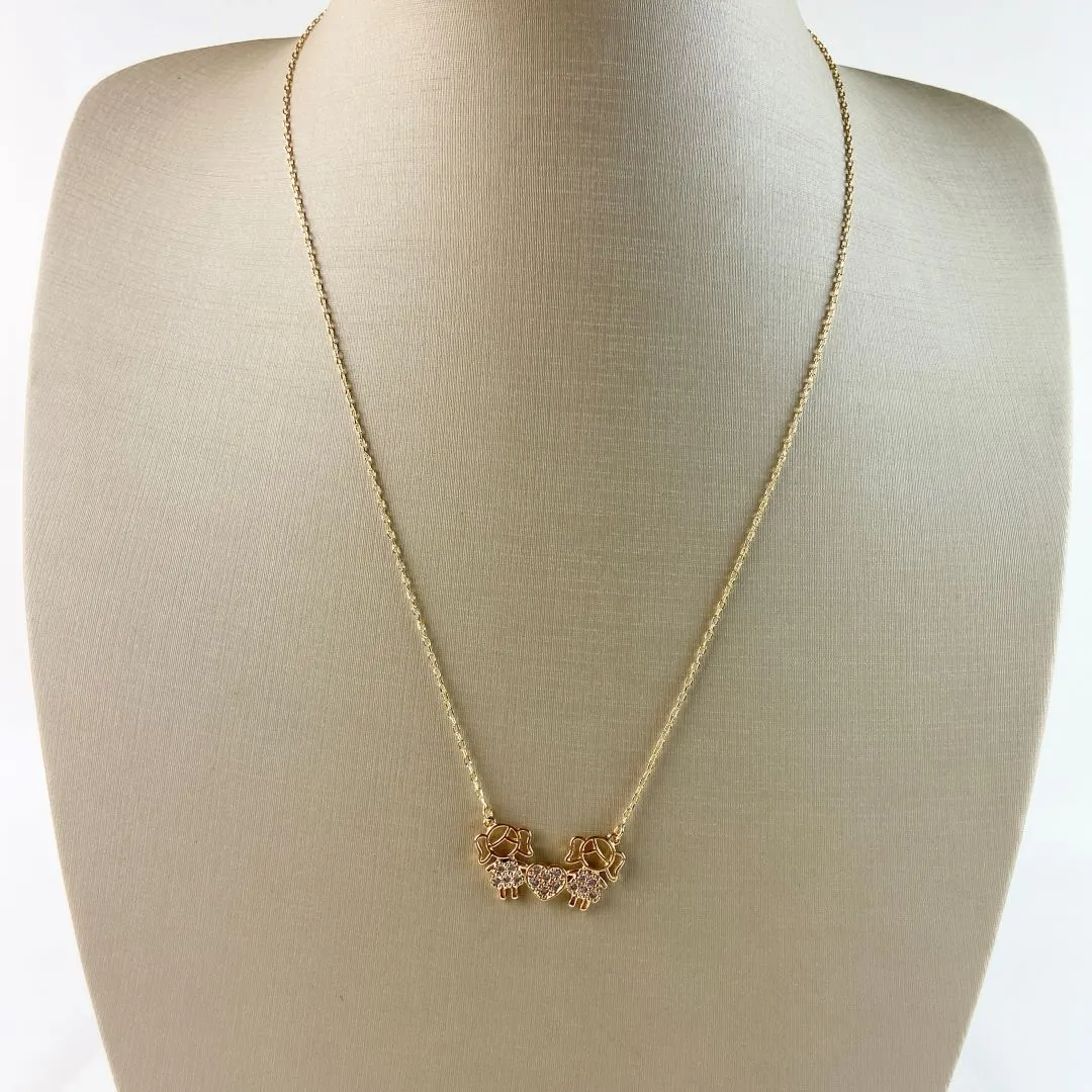 Colar Elo Português com Duas Meninas e Coração com Zircônias Folheado a Ouro 18k