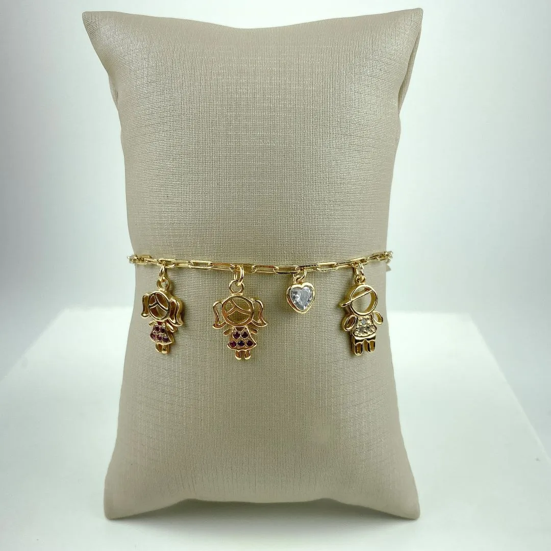 Pulseira Elo Cartier duas Meninas, 1 Menino e Coração em Zircônia Folheado a Ouro 18k