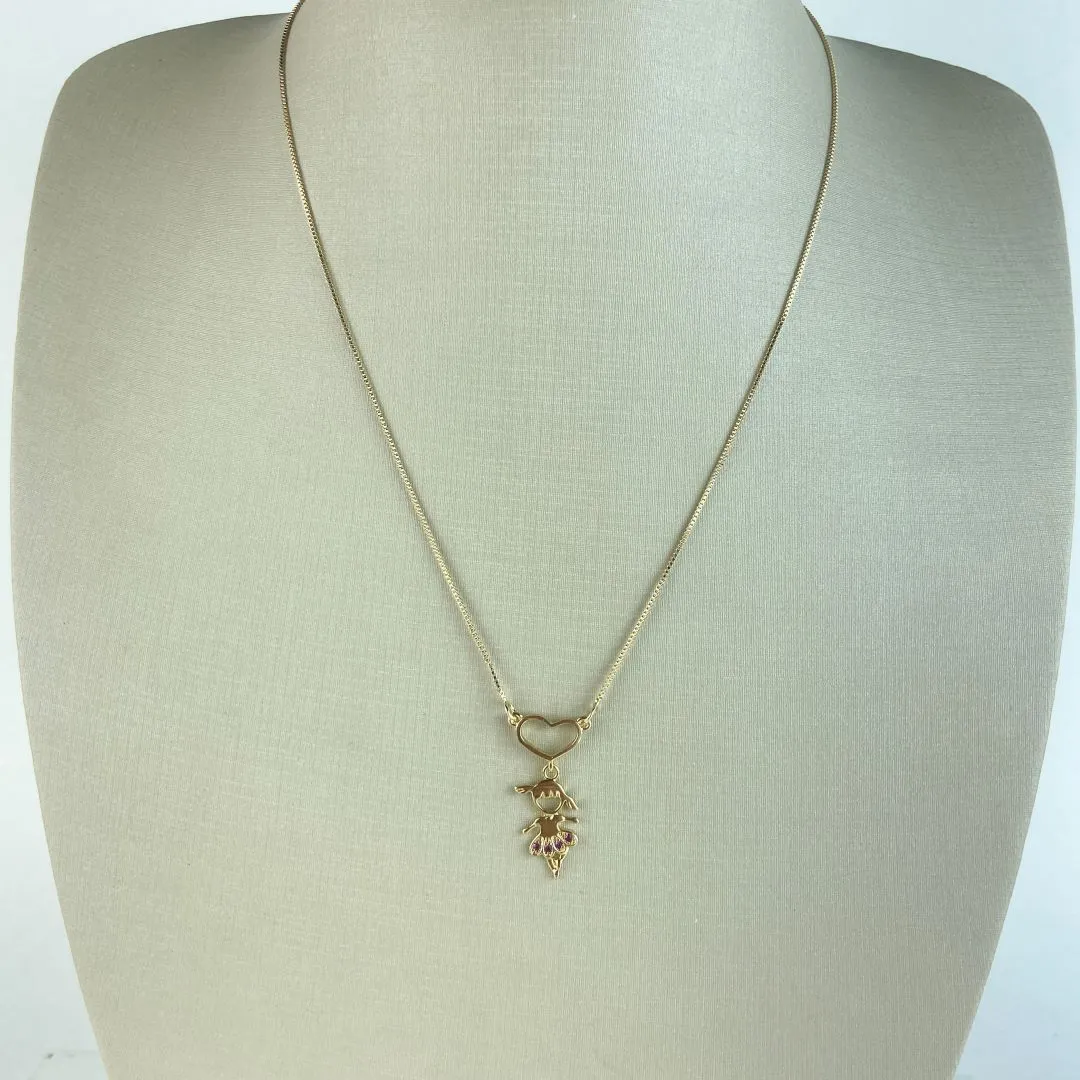 Colar Veneziana com Pingente Menina Bailarina em Zircônia Rosa  e Canga Design de Coração Folheado  Ouro 18K
