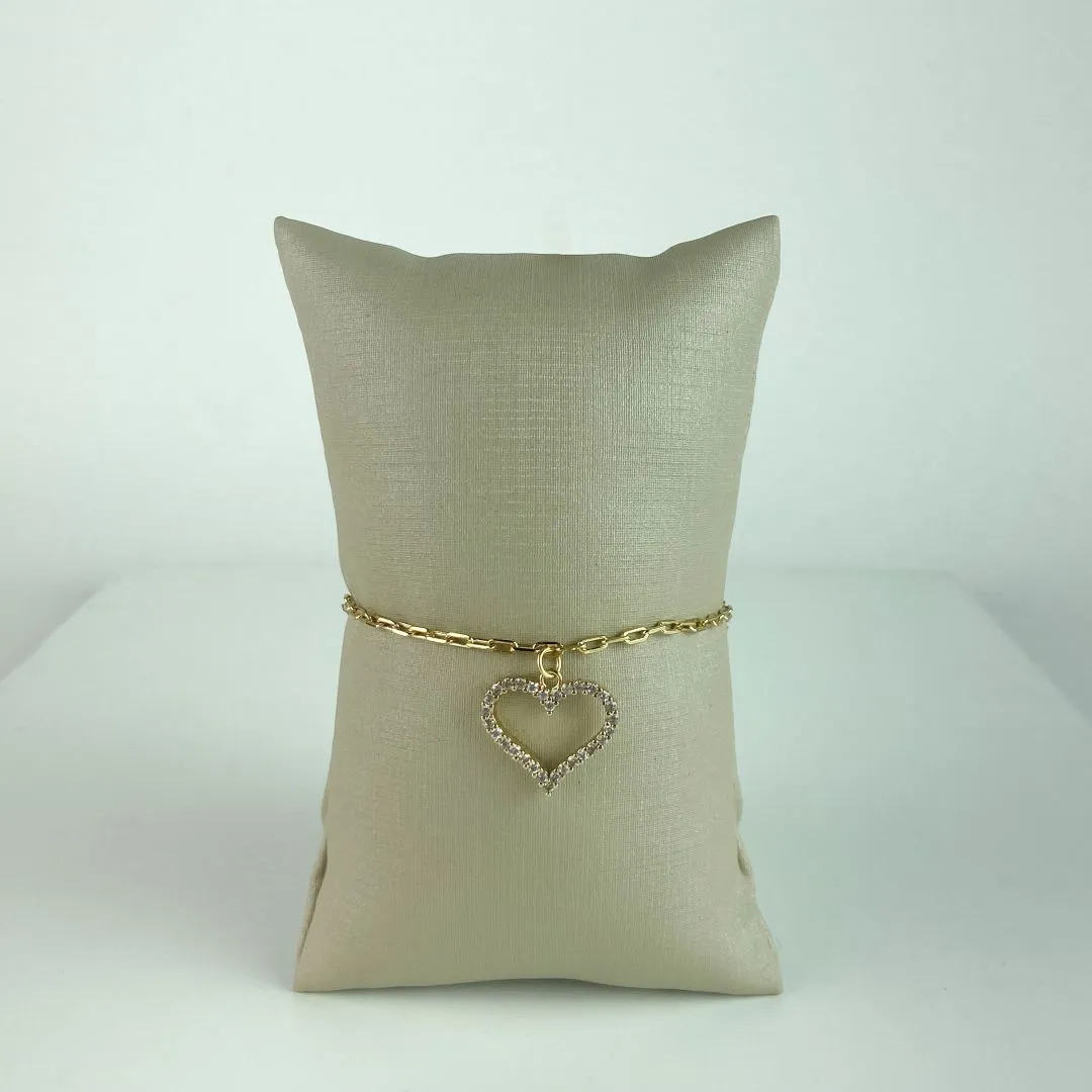 Pulseira Cartier com Pingente Coração Vazado Cravejado em Zircônias Folheada a Ouro 18k