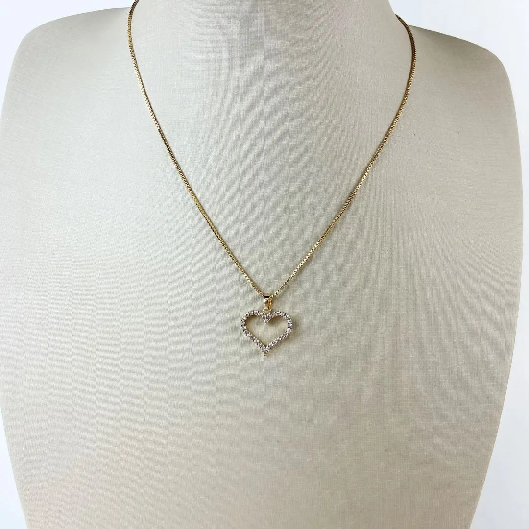 Colar Veneziana com Pingente Coração Vazado Cravejado em Zircônias Folheado a Ouro 18k