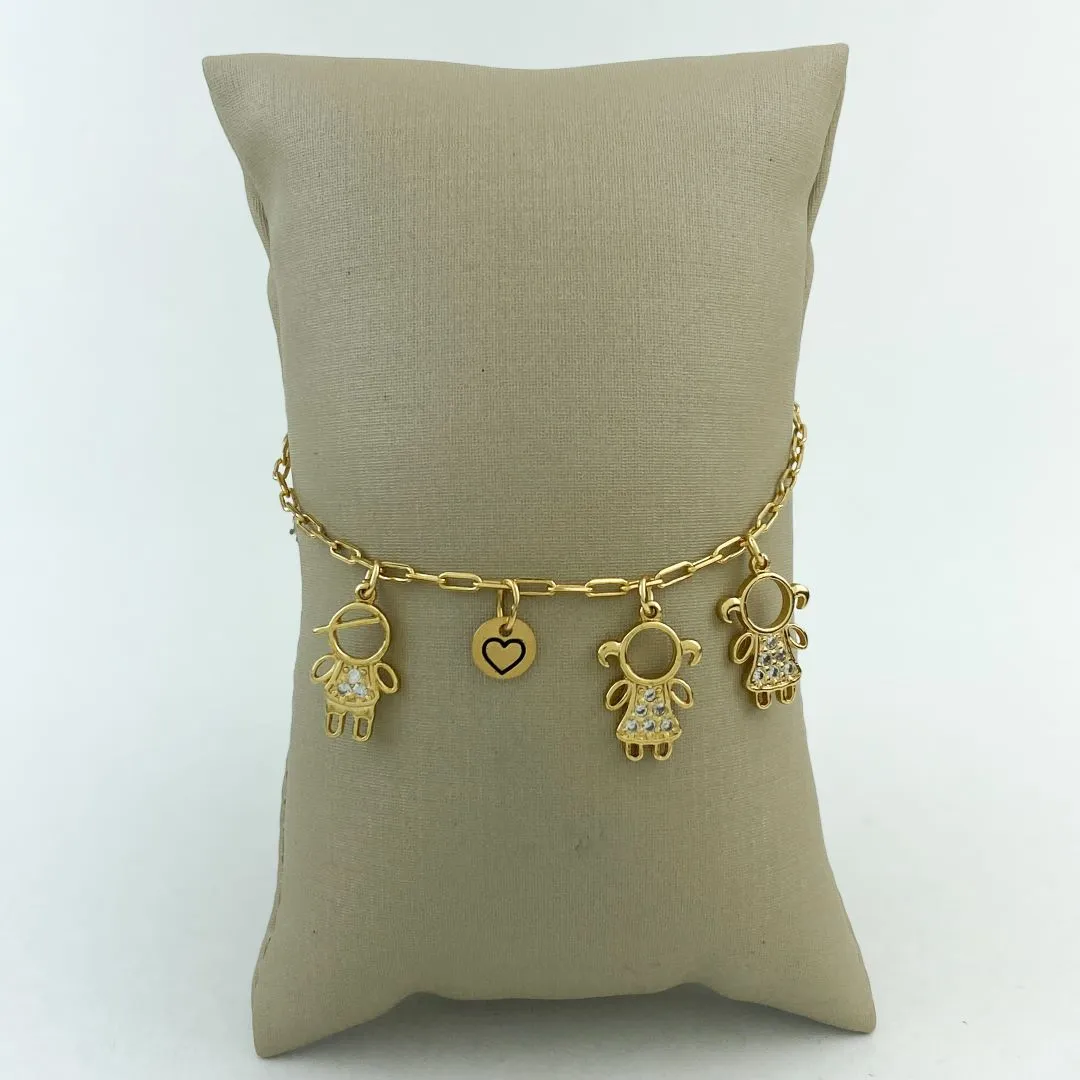 Pulseira Cartier com Pingente Duas Menina e Um Menino e Coração Folheada a Ouro 18k