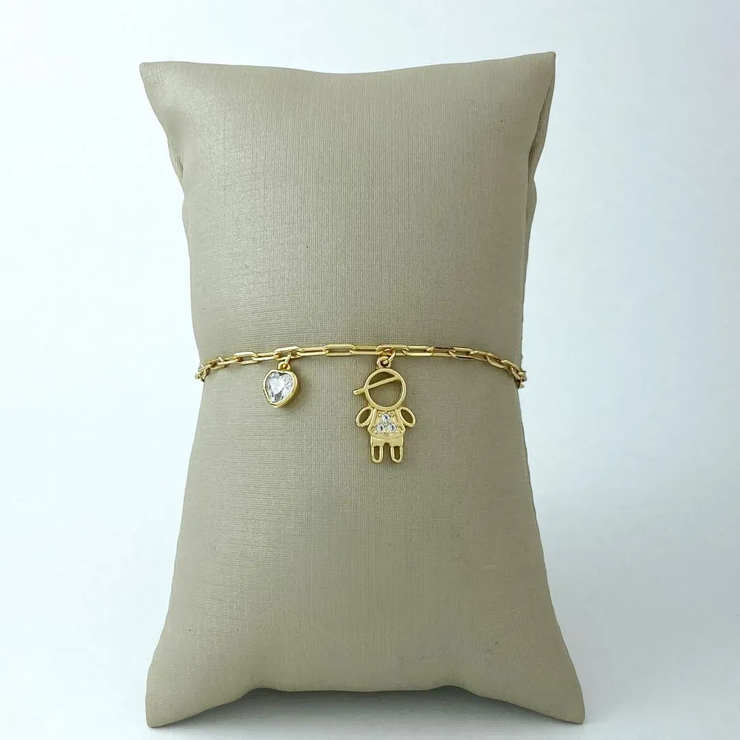 Pulseira Elo Cartier com Menino e Coração Zircônia Folheado a Ouro 18k