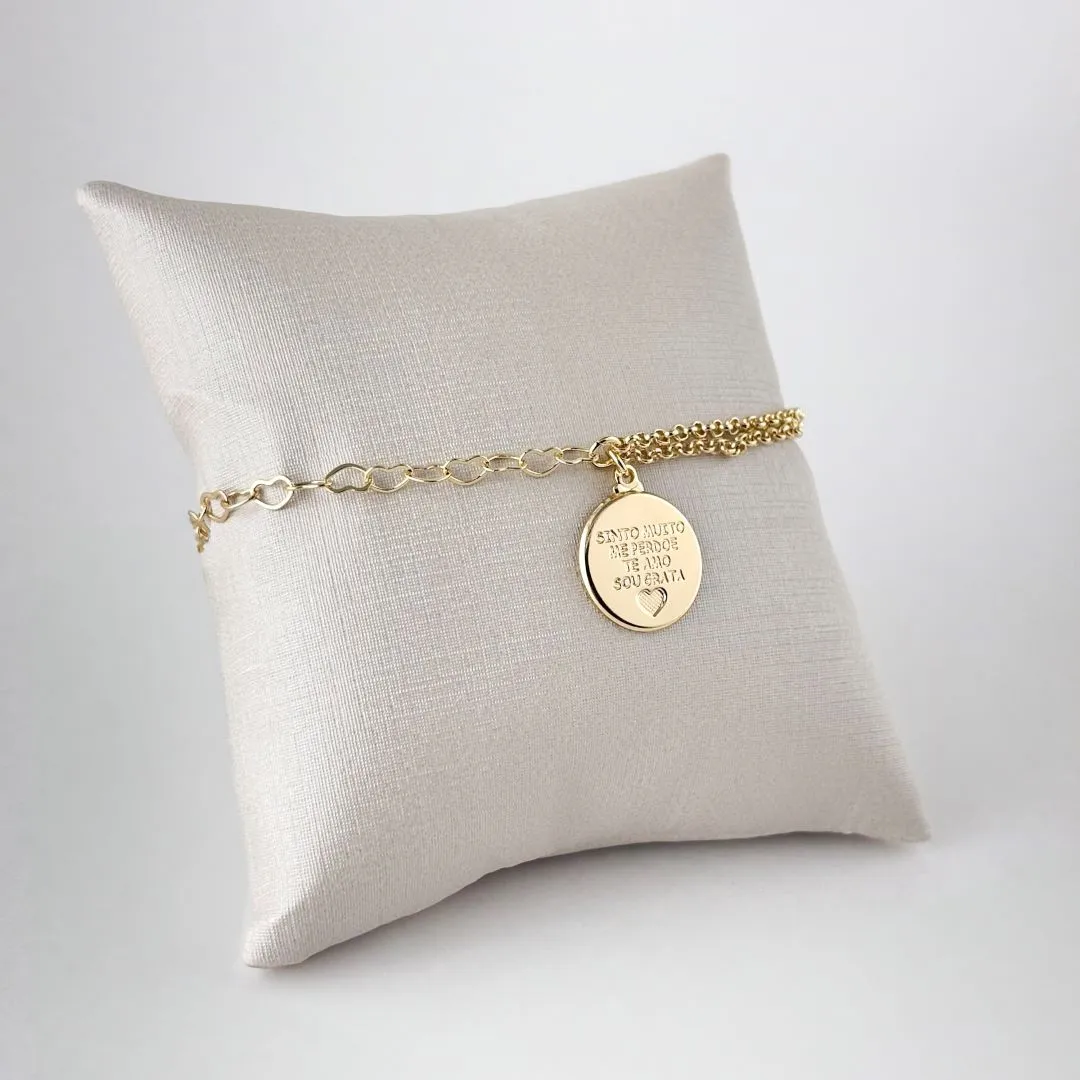 Pulseira Ho'oponopono Elo Coração e Elo Português Folheada a Ouro 18k