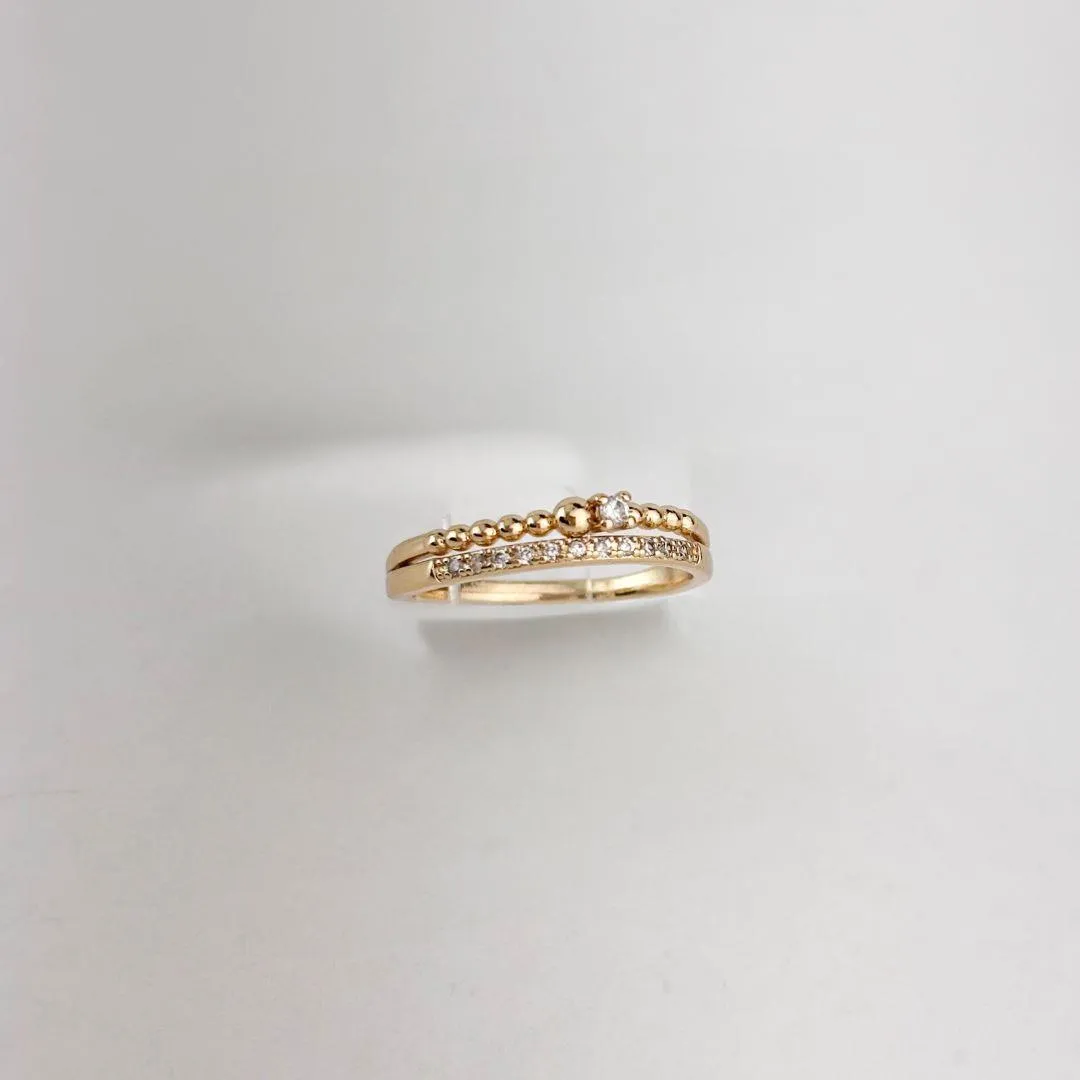 Anel Aros Duplos Bolinhas Cravejado em Zircônias Folheado a Ouro 18k